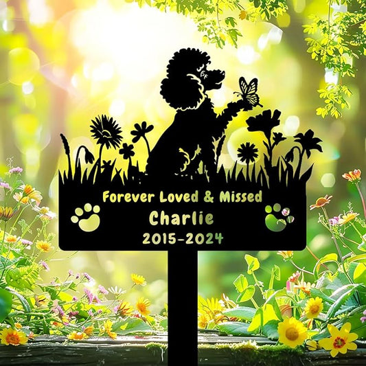 Custom Poodle Dog Memorial Grave Marker,Personalized Metal Flora Dog Memorial Stake,Dog Memorial Plaque Burial Stake Engraved Sign,Sympathy Grave Stake for Lost Dog,Dog Headstone