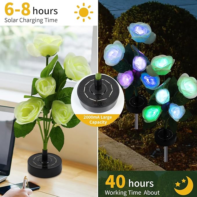 Solar Flowers Lights- Solar Garden Lights Outdoor Waterproof White Rose, 40 Hours Color Changing Solar Powered Outdoor Decor Yard Patio Pathway Lawn, Gift for Mom, 2pcs