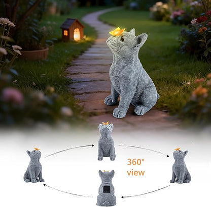 Dog Statue with Solar Butterfly, Cute French Bulldog Garden Statue Outdoor Decor for Outside Yard Lawn Patio Porch, Resin Garden Art Home Decorations Figurine, Dog Lovers Gifts for Women Mom