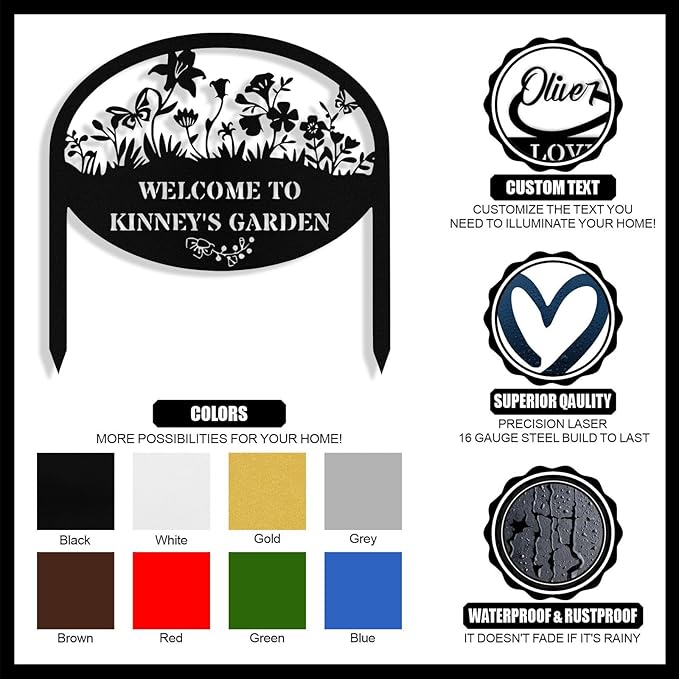 Personalized Metal Garden Signs with Stake, Custom Garden Signs for Outside Waterproof, Customized Name Sign Yard Lawn Gardens Decor Gardening Gifts for Moms Grandmas Gardeners
