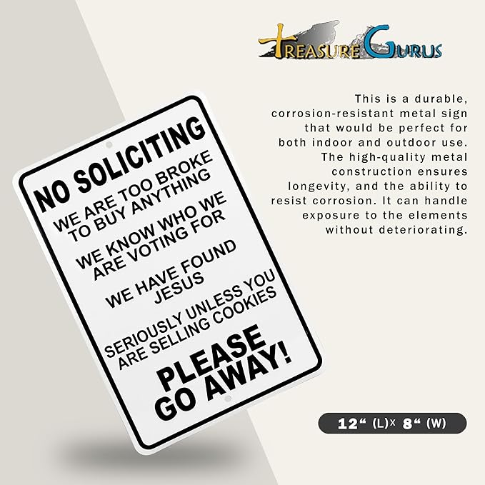 No Soliciting Sign for House – Funny No Soliciting Sign for Front Door, Unless You're Selling Cookies - Outdoor Metal Wall Art for Home Porch, Yard, Business - Funny Solicitation House Decor 12"x8"