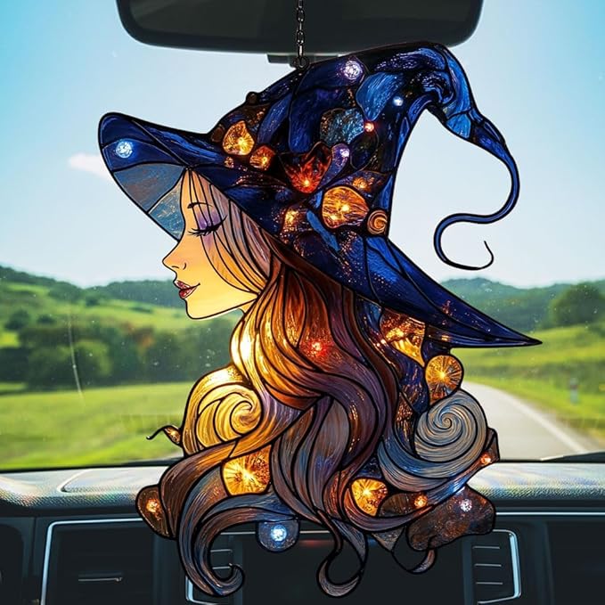 Beautiful Witch Acrylic Suncatcher Stained Glass Effect Window Car Hanging Christmas Ornament Indoor Outdoor Decor Garden Sun Catcher Panel for Wicca Lover for Women Mom Grandma