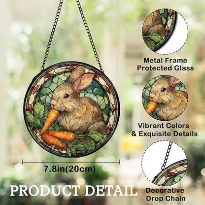 Bunny Decor, Bunny Gifts for Women, Rabbit Suncatchers Stained Glass Window Hanging, Rabbit Decor Sun Catchers Indoor Window Glass Round Wall Decor, 7.9x7.9in
