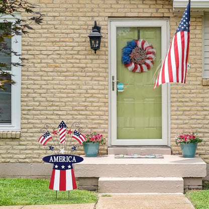 hogardeck 4th of July Decorations Outdoor, 31" Metal Patriotic Hat with Flag Star Rocket Decorative Garden Stakes for Fourth of July Decorations, Memorial Day Yard Signs for Garden Lawn Porch Decor