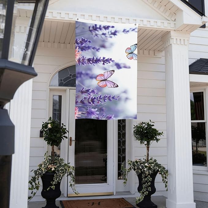 Lavender Flower Background with Butterflies Flag 3x5 Ft Outdoor Flags Double Sided Garden Flag Funny Outside Yard Flag Party Banner for Wall Art Hanging Poster Indoor Outdoor Decoration
