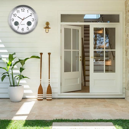 jomparis Outdoor Clock with Outdoor and Indoor Thermometer Combo,12 Inch Metal Frame Outdoor Wall Clock for Patio Pool (Silver)