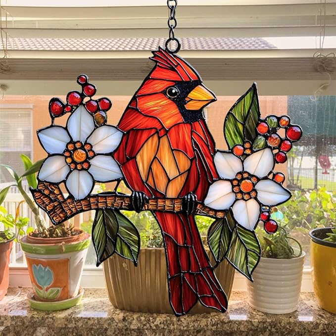 Red Cardinal Acrylic Suncatcher Stained Glass Effect Window Car Hanging Christmas Ornament Indoor Outdoor Decor Garden Sun Catcher Panel for Cardinal Lover for Women Mom Grandma