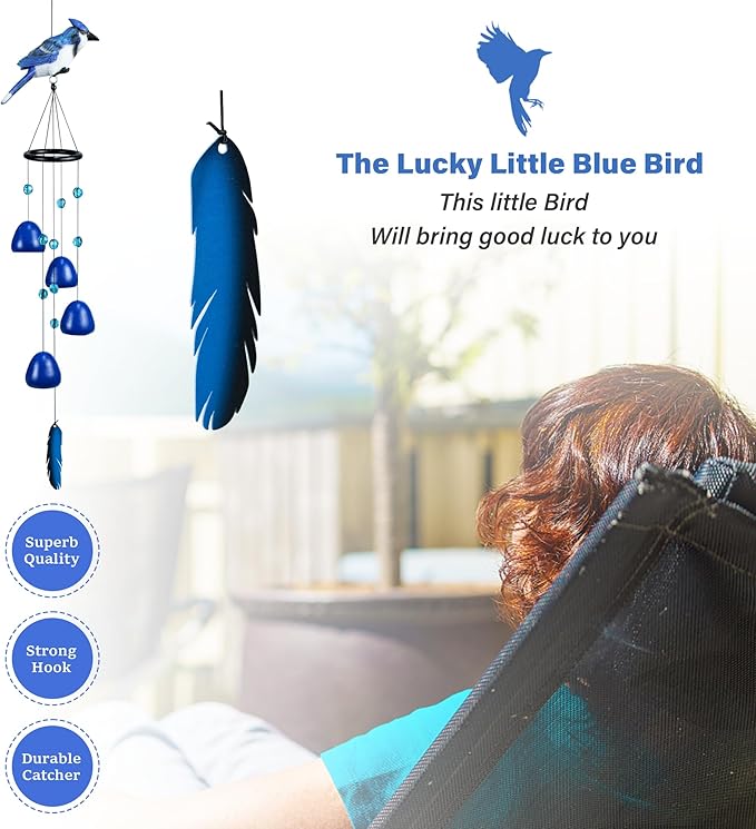 Bird Wind Chimes for Outside，Steller'Jay Bird Gifts，Blue Bird Wind Chimes Outdoor Decorations, Mother‘s Day Gifts for Mom/Grandma,Garden Patio Backyard Hanging Decor.