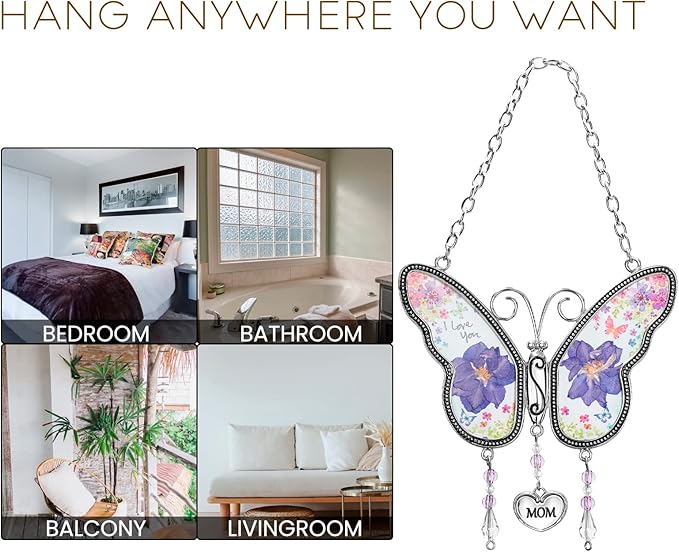 Butterfly Suncatcher with Pressed Flower Wings, Butterfly-Shaped Glass Wind Chimes with Real Flowers,Mother Heart Charm Wind Chime Gifts for Grandma Mother's Day