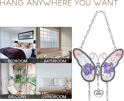 Butterfly Suncatcher with Pressed Flower Wings, Butterfly-Shaped Glass Wind Chimes with Real Flowers,Mother Heart Charm Wind Chime Gifts for Grandma Mother's Day