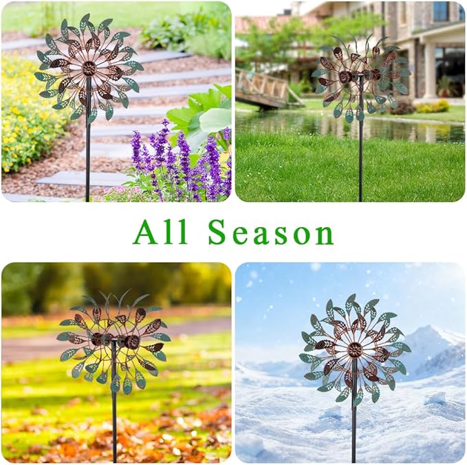 DREAMSOUL 13" Dia Vintage Wind Spinners Outdoor 360° Rotation Wind Spinner with 5 Prongs Stake, Metal Kinetic Windmill for Yard Garden Decor