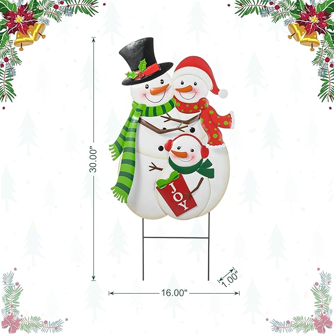 Glitzhome 30" H Metal Christmas Snowman Family Yard Sign with Stake, Xmas Decorative Standing Wall Hanging Decoration for Garden Home Lawn Pathway Walkway