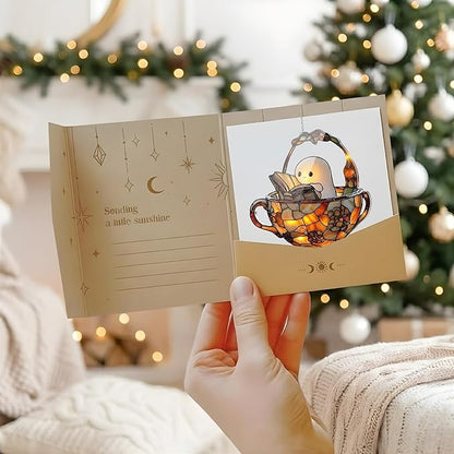 Reading Ghost Teacup Acrylic Suncatcher, Bookish Suncatchers for Window Hanging Ornament, Art Garden Decor for Book Lover Reader Bookworm, Gifts for Mother's Day, Mom, Grandma, Wife, Women, Nana