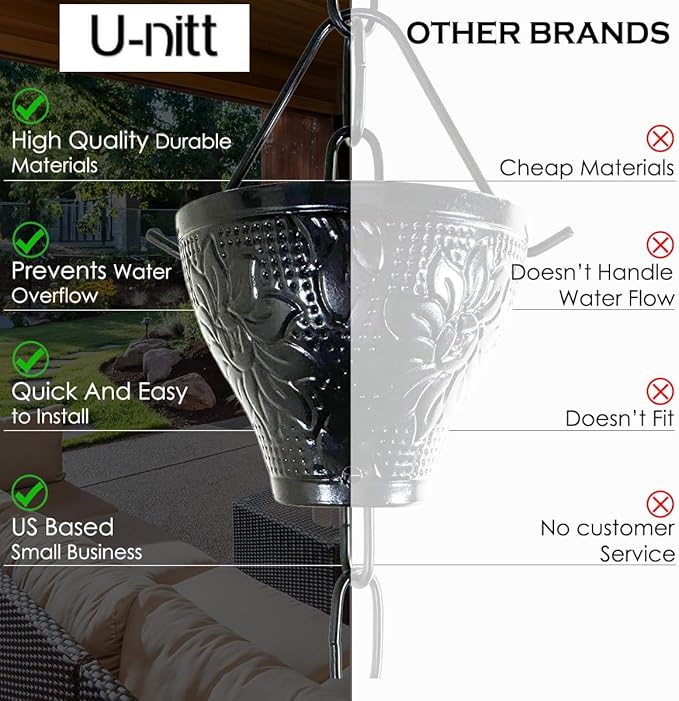 U-nitt Rain Chain Water Collection for Gutters Rainwater Catcher & Diverter, 8.5 FT Chains for Outside Garden, Sunflower Cups, Roof Downspout, Works with Heavy Rain, w/Gutter Clip for Rainchains