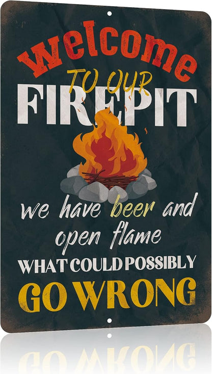 Yniaun Decor Funny Patio Decor Vintage Camping Metal Tin Signs for Camper Decoration Gifts 12 X 8 Inches Indoor Outdoor & Firepit Accessories Welcome to Our Fire Pit - What Could Possibly Go Wrong