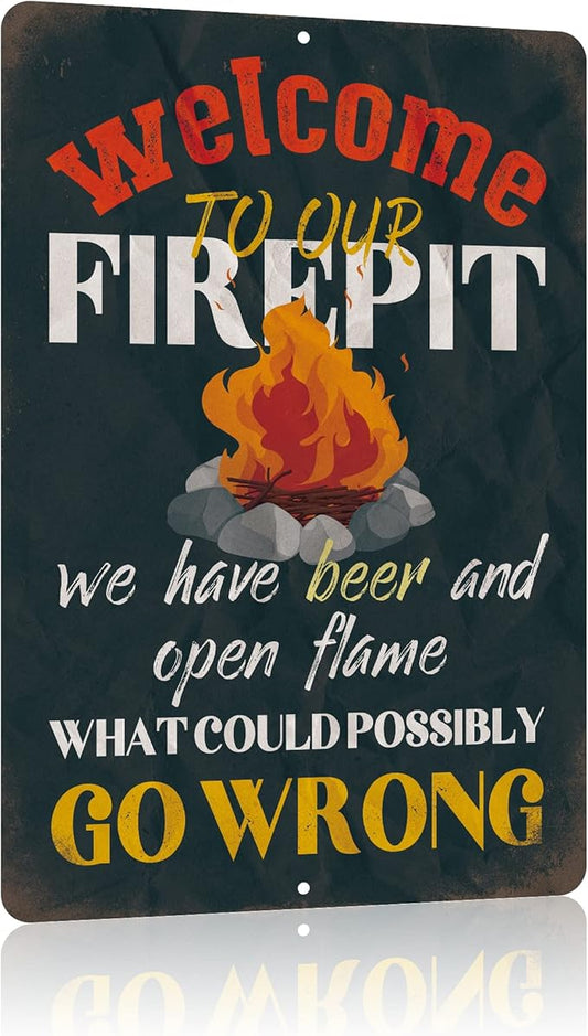 Yniaun Decor Funny Patio Decor Vintage Camping Metal Tin Signs for Camper Decoration Gifts 12 X 8 Inches Indoor Outdoor & Firepit Accessories Welcome to Our Fire Pit - What Could Possibly Go Wrong