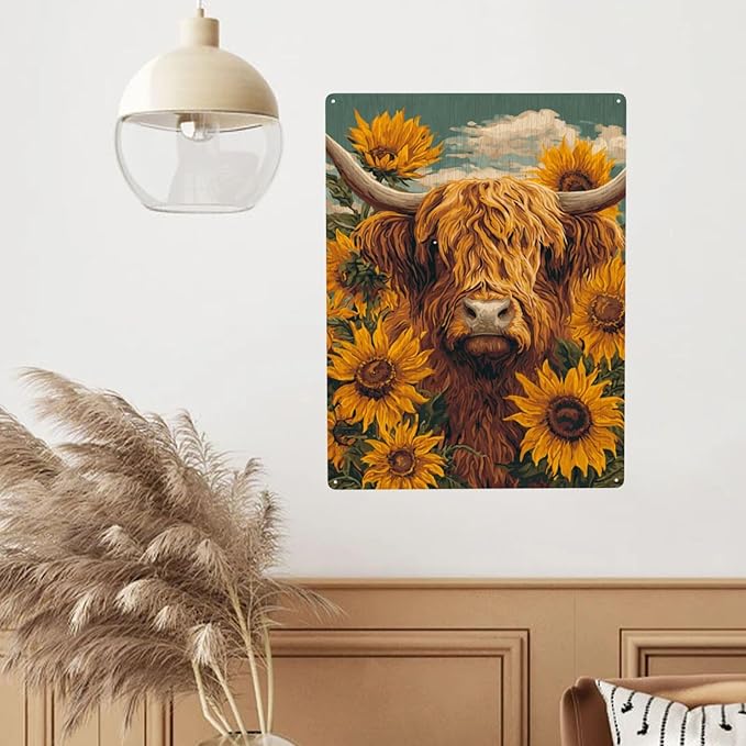 Pastoral Highland Cattle Metal Poster Wall Art, 12X16 Inch Metal Sign Depicting Shaggy Scottish Cow.Vintage Colors Aesthetics,Vibrant Design,Gift Ideal For Farm Life Lovers