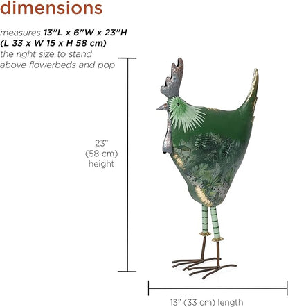 Alpine Corporation 23" Tall Outdoor Metal Cottage Farm Rooster Yard Statue, Green