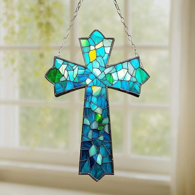 Mosaic Cross Acrylic Suncatcher, Boho Suncatchers for Window Hanging Ornament, Stained Glass Effect Indoor Outdoor Garden Decor for Mother's Day, Mom, Grandma, Wife, Women