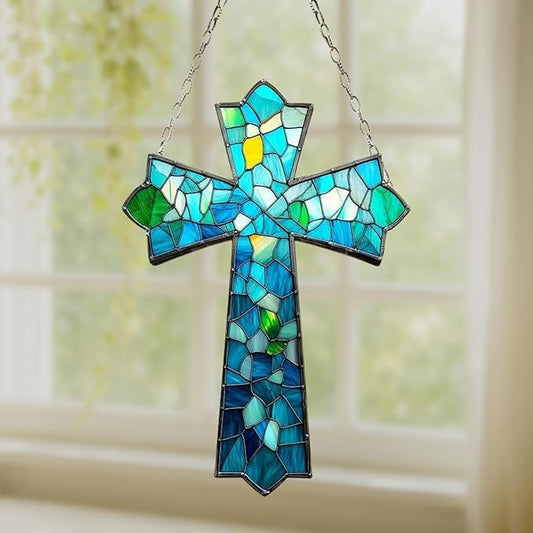 Mosaic Cross Acrylic Suncatcher, Boho Suncatchers for Window Hanging Ornament, Stained Glass Effect Indoor Outdoor Garden Decor for Mother's Day, Mom, Grandma, Wife, Women