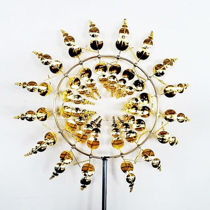 Unique and Magical Metal Windmill, 2Pcs Wind Spinners, 3D Wind Powered Kinetic Sculpture, Stainless Steel Wind Spinners, Wind Mill for Yard and Garden (2PCS-Golden)