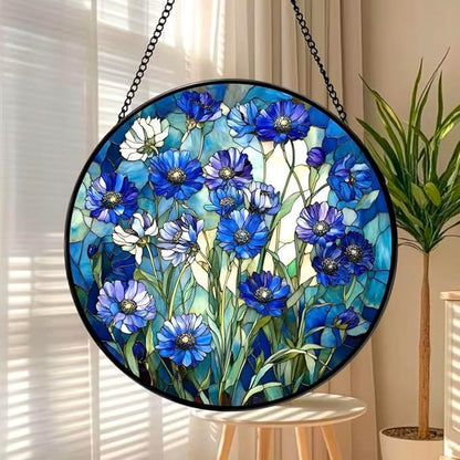 Stained Glass Window Hanging - Blue Floral Pattern 7.8 Inches Suncatcher for Garden Home Decor for Women Mon Grandma Friends
