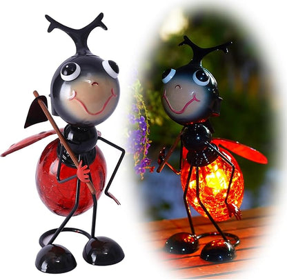 Solar Ladybug Lantern Outdoor Waterproof - Crackle Glass Globe LED Light, Cute Metal Bug Tabletop Lamp for Yard Patio Garden, Gift for Mom Women Grandma Housewarming