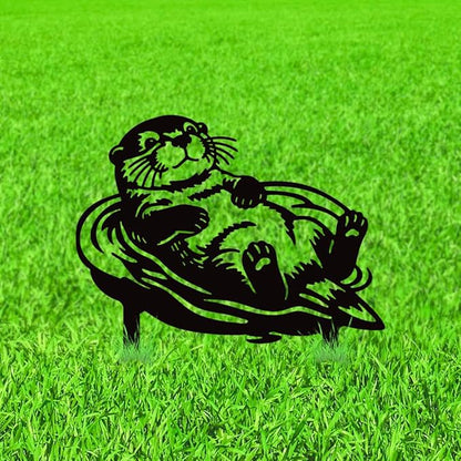WADORN Cute Otter Metal Decorative Garden Stakes, Black Otter Outdoor Statues Silhouette Funny Wildlife Otters Lover Gifts Stakes Ornaments for All Season Yard Art Garden Patio Backyard Lawn Decors