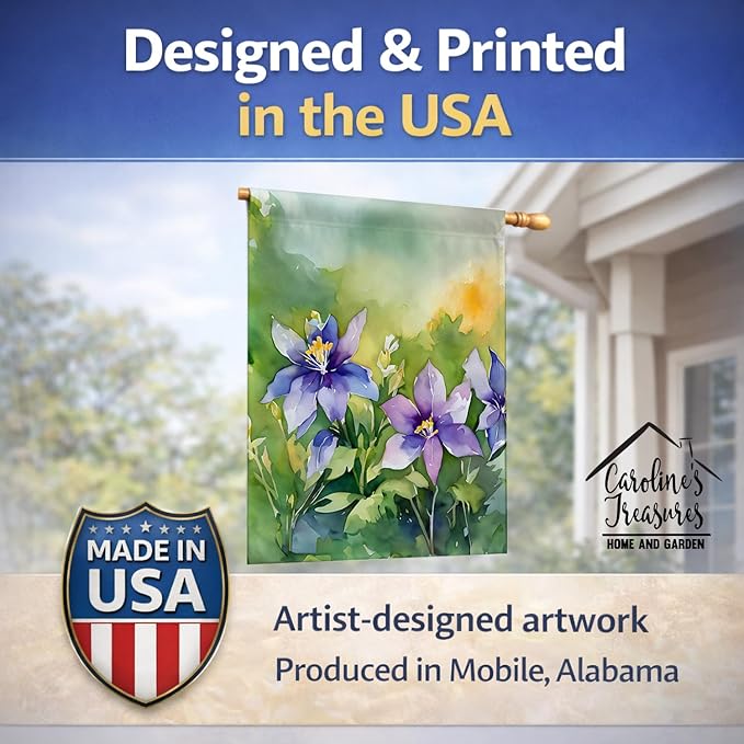 Caroline's Treasures Colorado Rocky Mountain Columbine in Watercolor House Flag Large Porch Sleeve Pole Decorative Outside Yard Banner Artwork Wall Hanging, Polyester, House Size, Multicolor