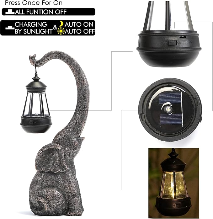 Solar Elephant Statue, Elephant Garden Statue with Solar Lights, Outdoor Elephant Decor for Porch Patio Lawn Balcony, Resin Elephants Figurine Decorations, Birthday Gifts for Mom Grandma Animal Lovers