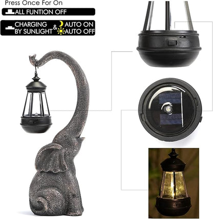 Solar Elephant Statue, Elephant Garden Statue with Solar Lights, Outdoor Elephant Decor for Porch Patio Lawn Balcony, Resin Elephants Figurine Decorations, Birthday Gifts for Mom Grandma Animal Lovers