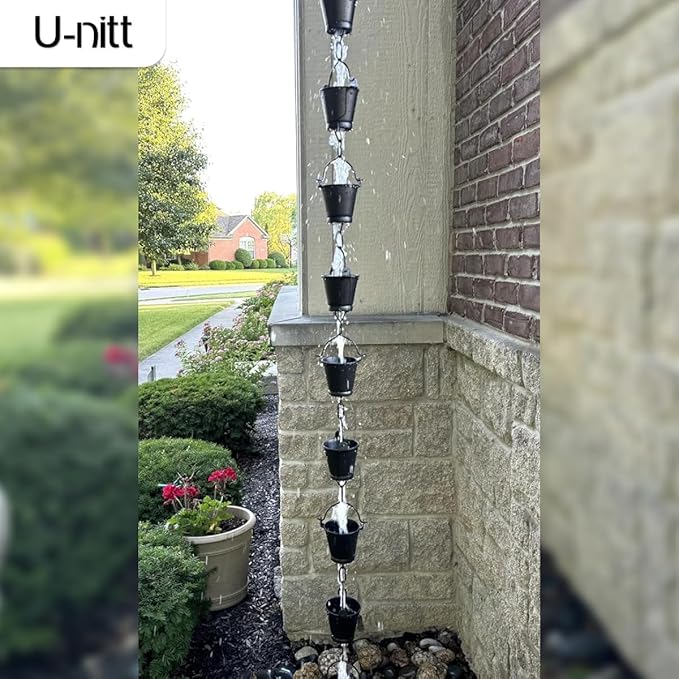 U-nitt Rain Chain Water Collection for Gutters Rainwater Catcher & Diverter, 8.5 FT Chains for Outside Garden, Black Bucket Cups, Roof Downspout, Works with Heavy Rain, w/Gutter Clip for Rainchains