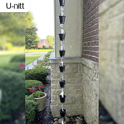 U-nitt Rain Chain Water Collection for Gutters Rainwater Catcher & Diverter, 8.5 FT Chains for Outside Garden, Black Bucket Cups, Roof Downspout, Works with Heavy Rain, w/Gutter Clip for Rainchains