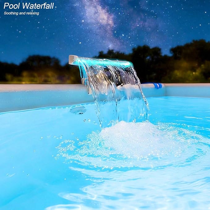 Pool Waterfall Creating Soothing White Noise Sound, Pool Waterfall with Relaxing Sound for Above Ground Pools, Peaceful and Soothing on Hot Days, 7 Colors LED Lights