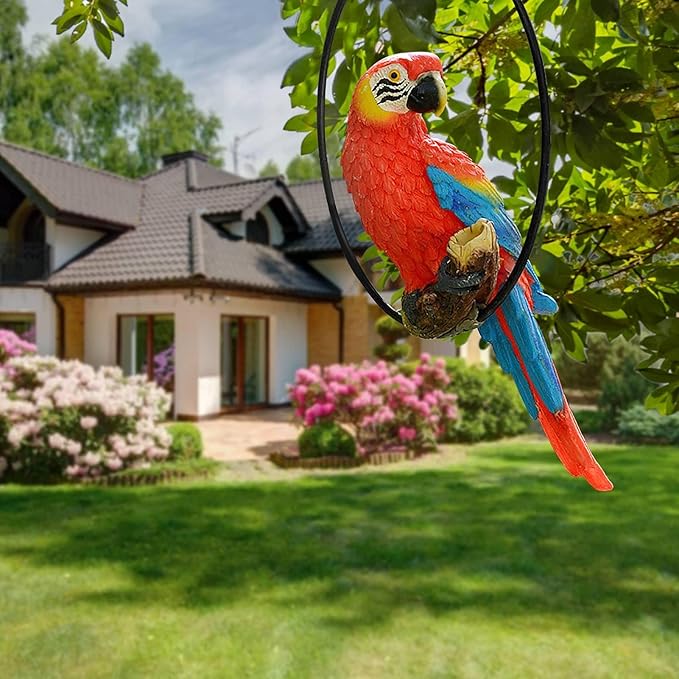 Hanging Parrot Statue Resin Parrot Ornament Metal Round Ring Decoration for Garden Resin Sculpture for Garden Patio Wall Craft Home Outdoor Decoration-01