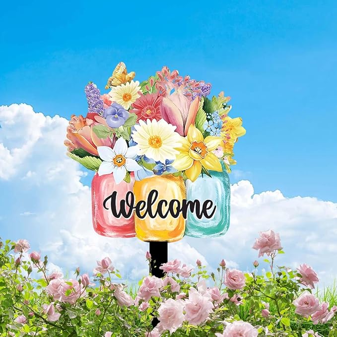 Decorative Garden Stakes, Welcome Yard Sign, Metal Arrangement Ornaments for Courtyard Lawn, Rusty Outdoor Decortions for Easter Housewarming (H)