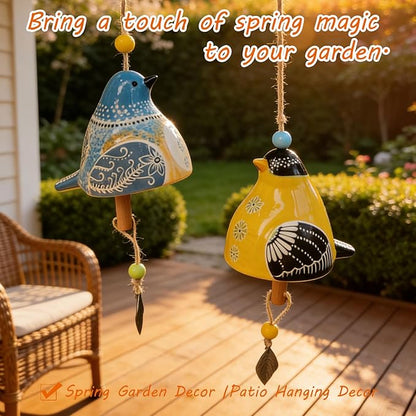 Handmade Ceramic Bird Wind Chime with 3D Pop Up Card | Spring Easter, Soothing Melody for Outdoor Patio & Indoor Hanging Decor (Blue+Yellow)