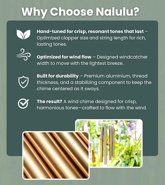 Nalulu Large Wind Chimes – 35” Gold Modern Wind Chimes for Deep, Soothing Tones – Outdoor Garden Décor, Hand-Tuned Metal Chimes for Relaxation – Weatherproof Gift for Patio, Yard & Zen Spaces