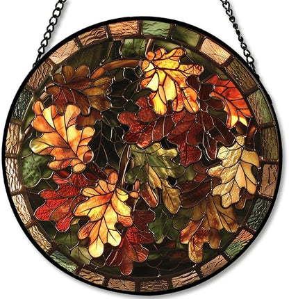 Oak Leaves Stained Glass Window Hanging Panel – Autumn Fall Theme Suncatcher Wall Art for Home Window Decor and Gift