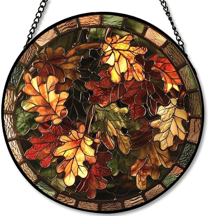 Oak Leaves Stained Glass Window Hanging Panel – Autumn Fall Theme Suncatcher Wall Art for Home Window Decor and Gift