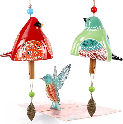 SiliFine 2 Pcs Mother's Day Ceramic Bird Wind Chime Gift with 3D Pop up Card Handmade Cardinal Windchime for Outside Indoor Garden Patio Decor Housewarming Birthday Gifts for Mom Women Bird Lovers