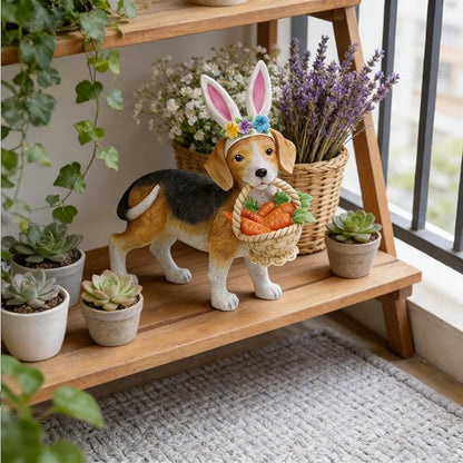 Cynkeyee Dog Garden Statue Decoration - Cute Puppy Beagle Statues with Bunny Ears Carrot Basket Figurines for Tabletop Self Floor Indoor Decor 11.5x4x10.5 inch