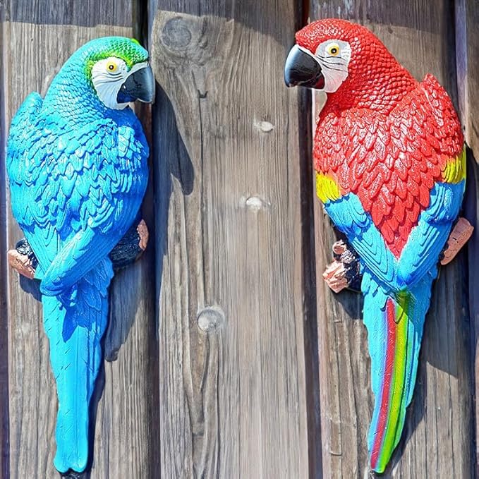 Hanging Parrot Decor,Bird Statues,Tropical Real Resin Bird Figurines,Home Ornament Decor for Tiki Bar,Perfect for Yard Ornaments,Tree Decorations Outdoor,Patio,Lawn,Tree Trunk, Porch,2 Bird a Set