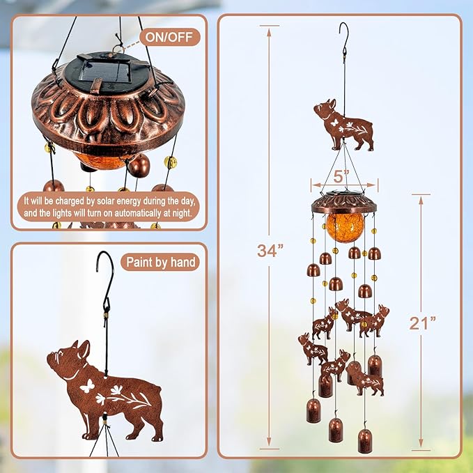 French Bulldog Solar Wind Chimes for Outside,Metal Dog WindChimes with Cracked Glass Lights,Hanging Solar Lights Outdoor,Yard,Patio,Garden,Porch Decor