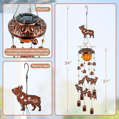 French Bulldog Solar Wind Chimes for Outside,Metal Dog WindChimes with Cracked Glass Lights,Hanging Solar Lights Outdoor,Yard,Patio,Garden,Porch Decor