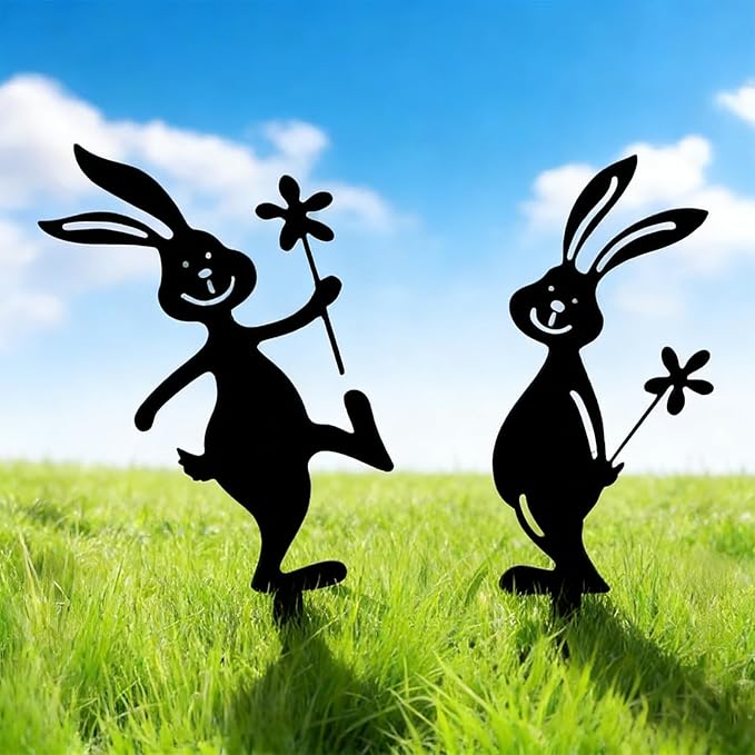 2 Pcs Metal Rabbits Decorative Statues, Black Metal Yard Art Animals Garden Stakes Rabbit Silhouette,Rabbits Yard Art, Flowerbed Decoration, Outdoor Decor