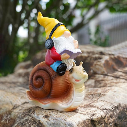 Ferrisland Garden Gnomes Snail Outdoor Figurines with Solar Lights, 10.4 inches Resin Solar Gnomes Decoration Yard Outdoor Garden, Patio Yard Lawn Birthday Housewarming Mother's Day（Gnome on Snail）