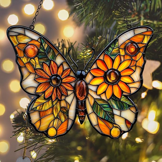 Sunflower of Hope Monarch Acrylic Suncatcher Stained Glass Effect Window Car Hanging Christmas Ornament Indoor Outdoor Decor Garden Sun Catcher Panel for Butterfly Lover for Women Mom Grandma