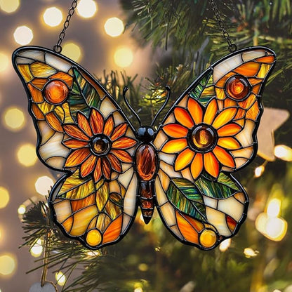 Sunflower of Hope Monarch Acrylic Suncatcher Stained Glass Effect Window Car Hanging Christmas Ornament Indoor Outdoor Decor Garden Sun Catcher Panel for Butterfly Lover for Women Mom Grandma