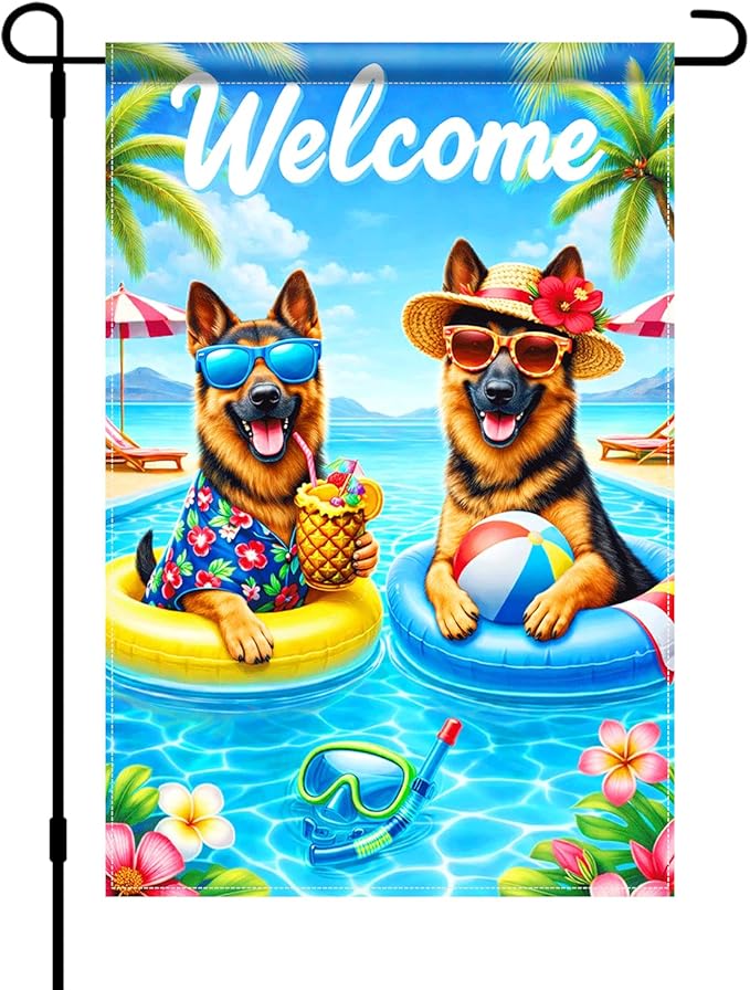 BlissYard Welcome Summer German Shepherd Garden Flag 12x18 Double Sided Vertical Outdoor Pool Dog Decor Tropical Beach Yard Lawn Patio Poolside Banner